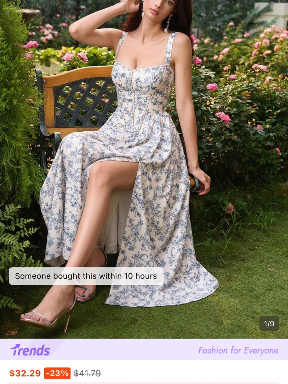 SHEIN Cream Maxi Dress with Blue Floral Motif and Thigh Slit